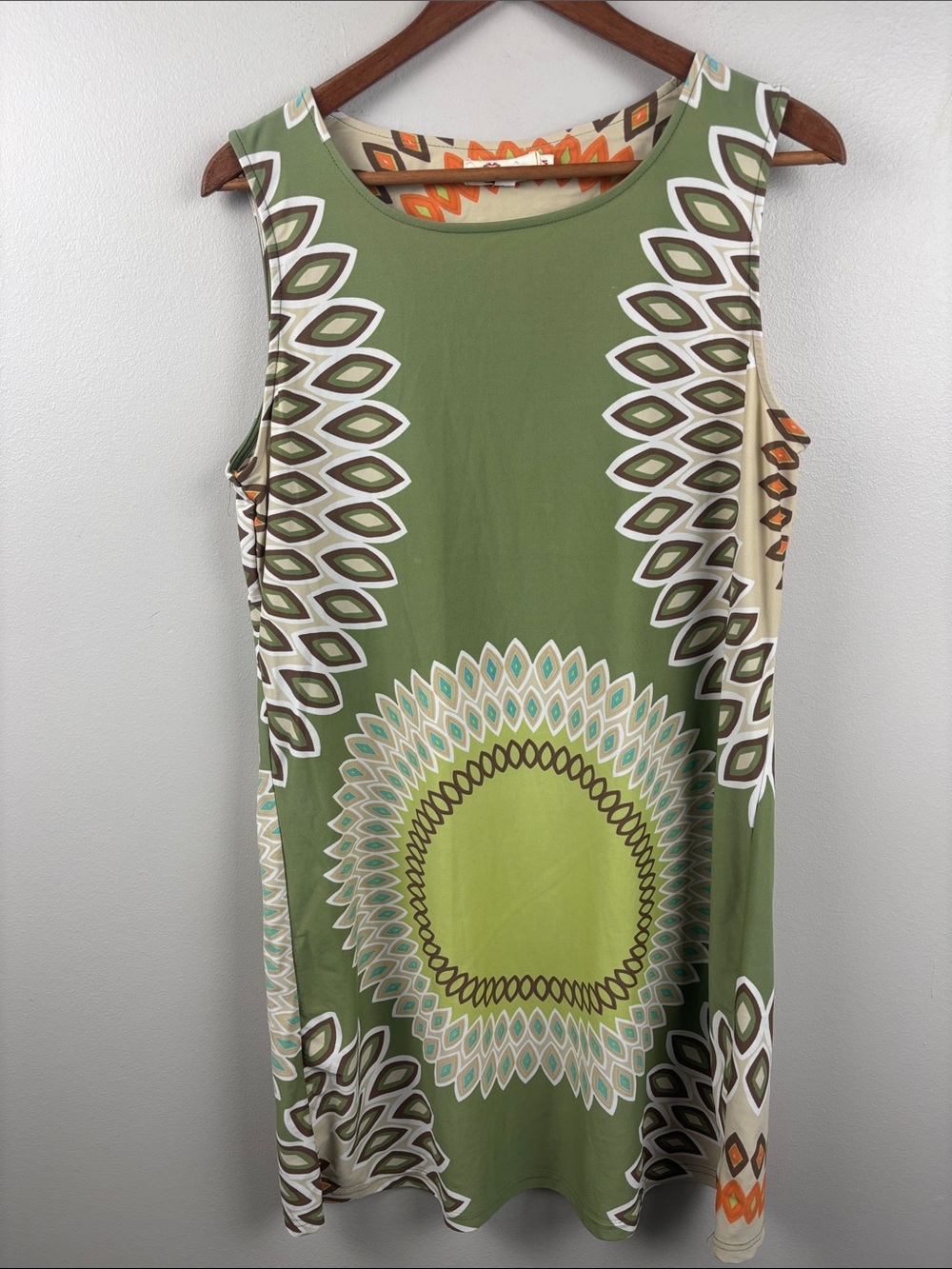 Aryeh Olive and Cream Dress sleeveless medium Geometric medallion orange details
